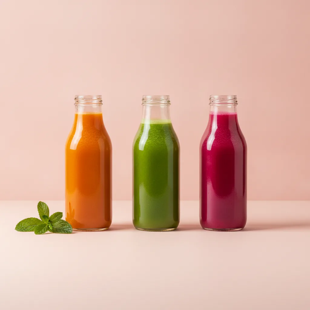 Bottles of cold-pressed juice on the counter