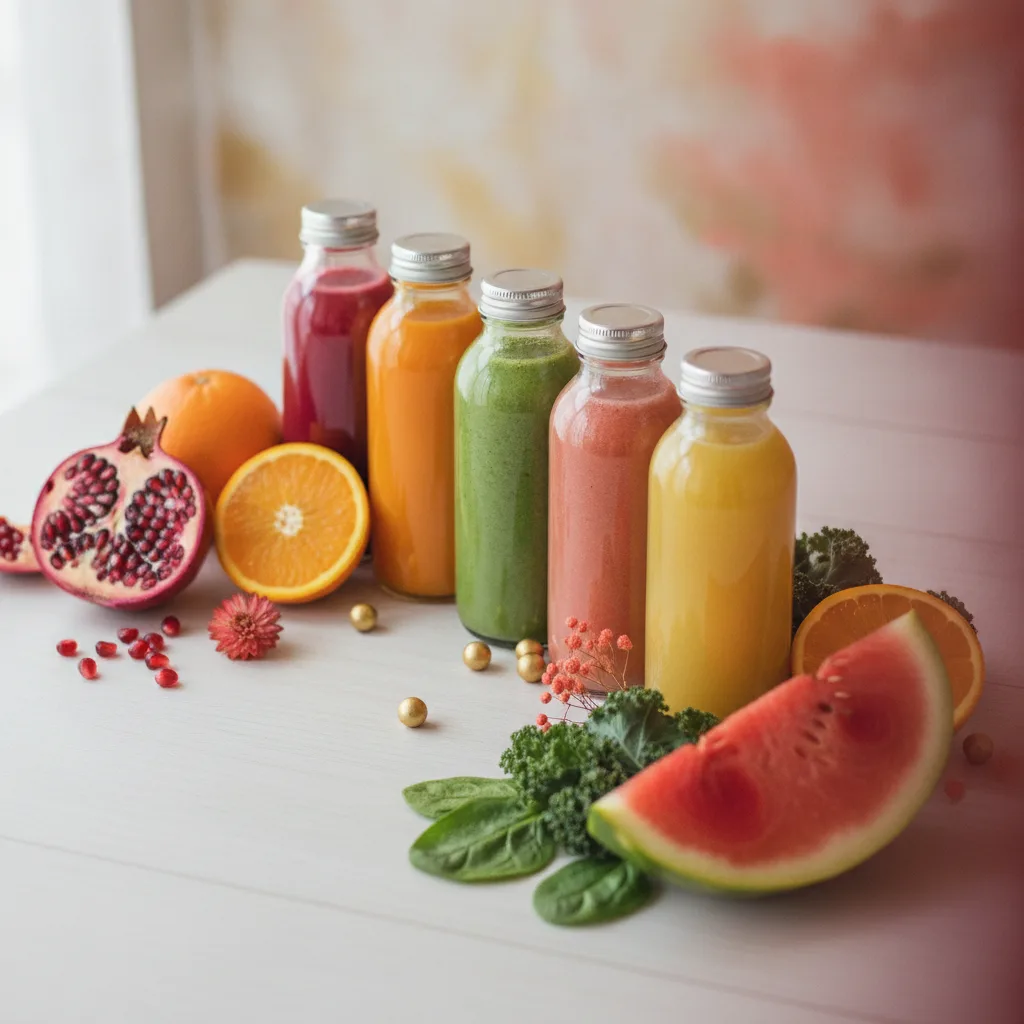 Five bottles of cold-pressed juice beside fresh fruit and greens